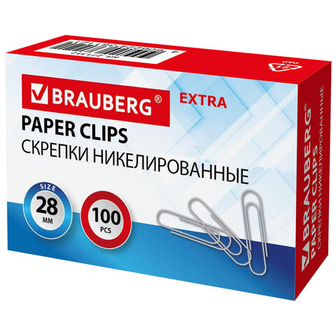 Скрепки EXTRA BRAUBERG 28 мм никелированные 100 штук