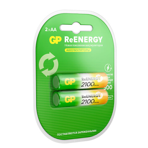 Батарейки аккумуляторные GP ReEnergy Ni-Mh пальчиковые КОМПЛЕКТ 2 шт., AA (HR6), 2000 mAh, 210AAHCRGY, 210AAHCRGY-2CRC