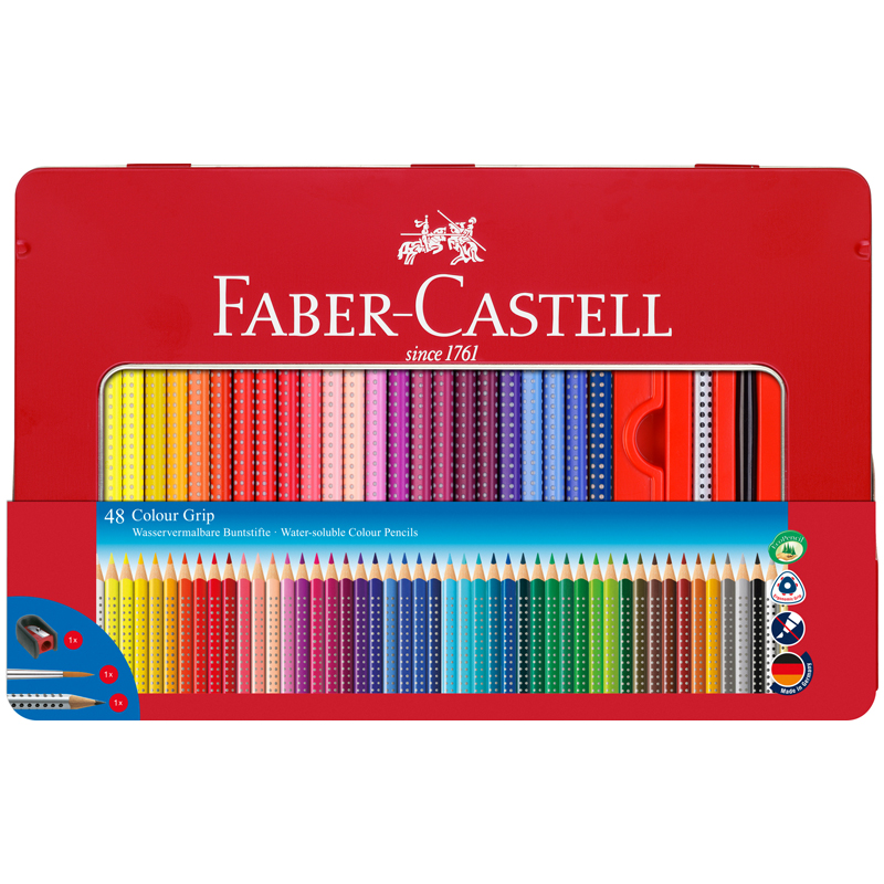 Карандаши цветные Faber-Castell "Grip", 48цв., трехгран., заточ.+ч/г кар .Grip+точилка+кисть, метал. коробка