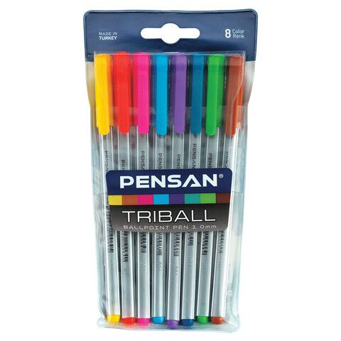 Ручки шариковые масляные PENSAN "Triball Colored", НАБОР 8 шт., АССОРТИ, узел 1 мм, линия письма 0,5