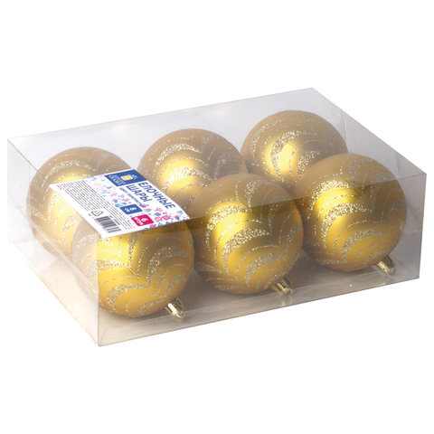 Шары елочные ЗОЛОТАЯ СКАЗКА, НАБОР 6 шт., пластик, 8 см, с золотистым рисунком, цвет золотистый, 590