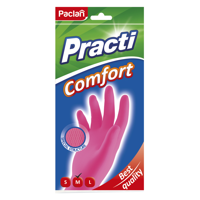 Перчатки резиновые Paclan "Practi.Comfort", М, розовые, пакет с европодвесом