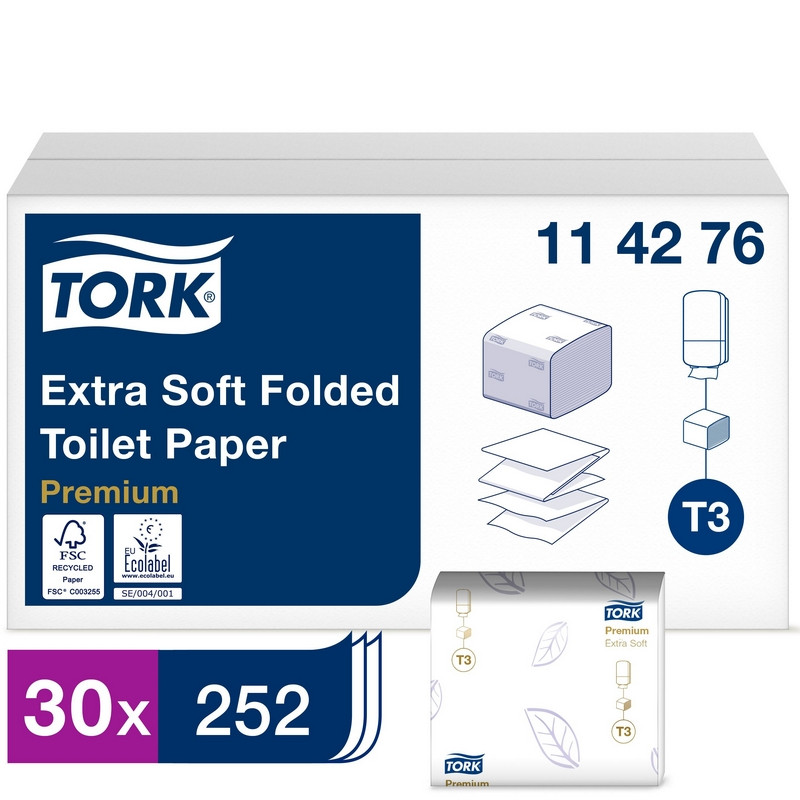Бумага туалетная листовая д/дисп Tork T3 Premium 2сл.252л/30пач.114276