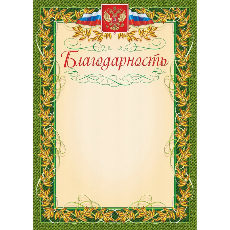 Благодарность А4 140 г/кв.м 40 штук в упаковке (зеленая рамка, герб, триколор, КЖ-158уп)