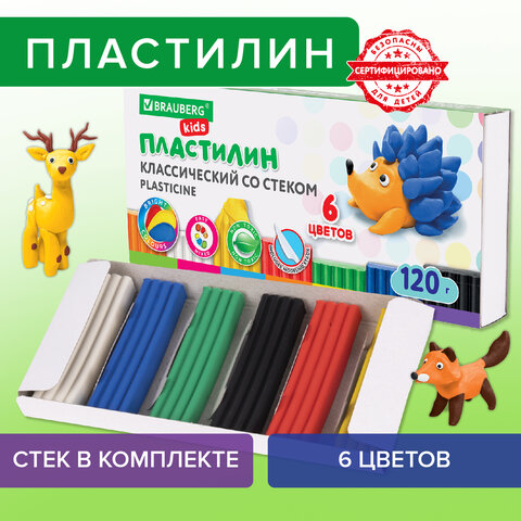 Пластилин классический BRAUBERG "KIDS", 6 цветов, 120 г, стек, ВЫСШЕЕ КАЧЕСТВО, 106435