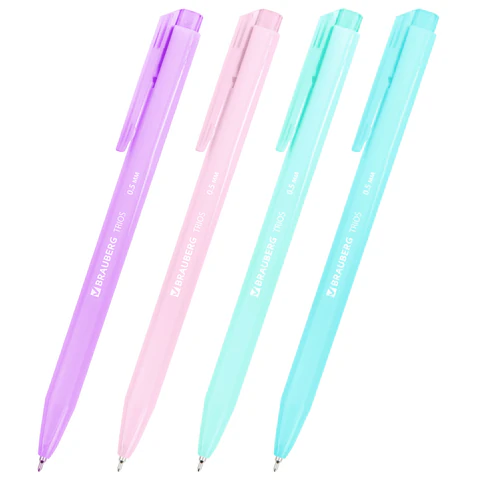 Ручка шариковая автоматическая BRAUBERG "TRIOS PASTEL COLOR", СИНЯЯ, корпус ассорти, пишущий узел 0,5 мм, линия письма 0,3 мм, 144