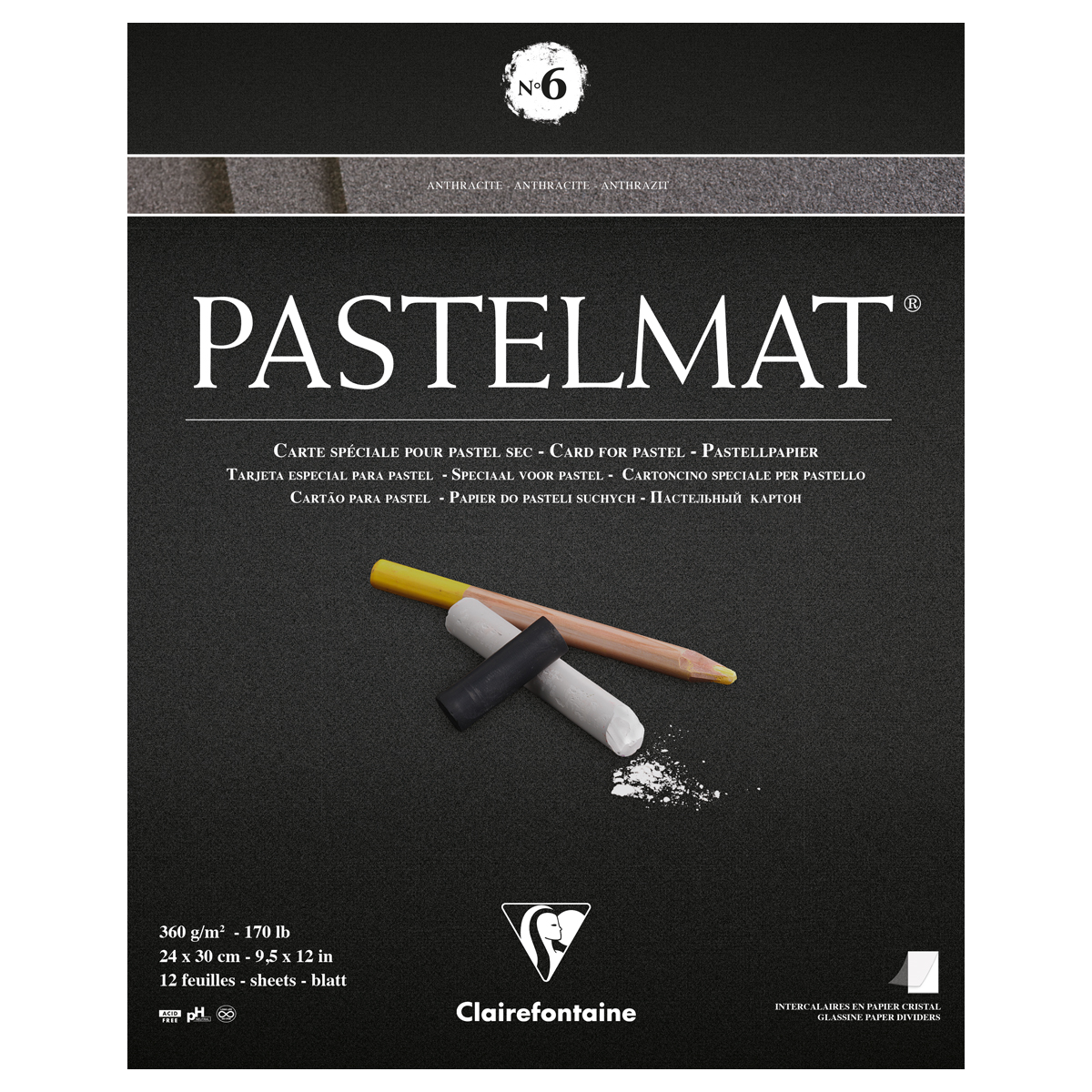 Альбом для пастели, 12л., 240*300мм, на склейке Clairefontaine "Pastelmat", 360г/м2, бархат, антраци