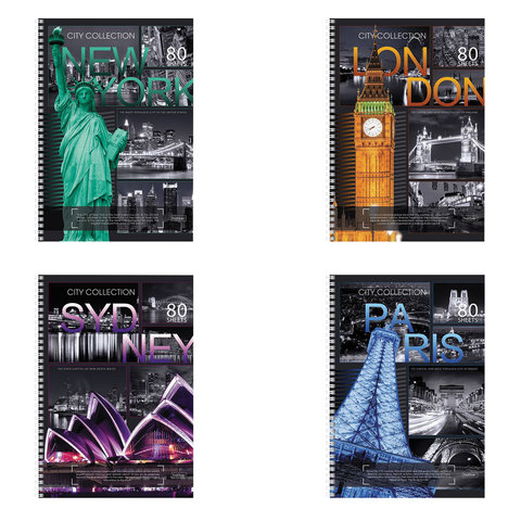 Тетрадь А4, 80 л., HATBER, спираль, клетка, выборочный лак, "CITY COLLECTION" ("ГОРОДА") (4 вида), 8
