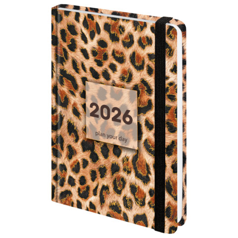 Ежедневник датированный 2026 с резинкой 145х203 мм, А5, BRAUBERG, твердый, фольга, "Леопард", 117334