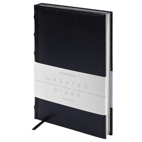 Ежедневник недатированный А5 138х213 мм BRAUBERG "FLAME", под кожу, 160 л., черный, серебряный срез,