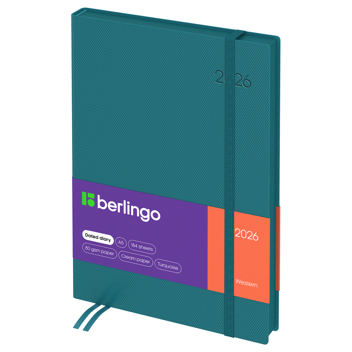 Ежедневник датированный 2026г., А5, 184л., кожзам, Berlingo "Western", бирюзовый, с резинкой