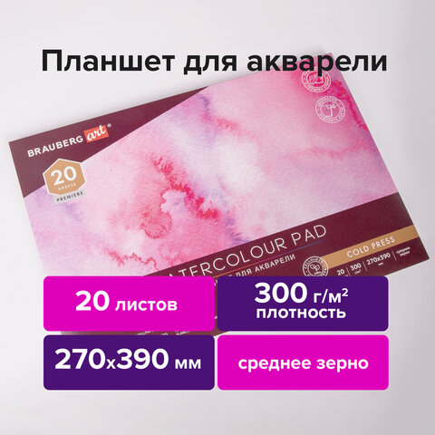 Папка для акварели/планшет, 300 г/м2, 270х390 мм, склейка, среднее зерно, 20 л., BRAUBERG ART PREMIE