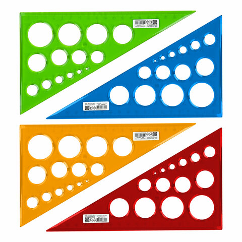 Треугольник пластиковый 30х19 см, ПИФАГОР, с окружностями, прозрачный, тонированный