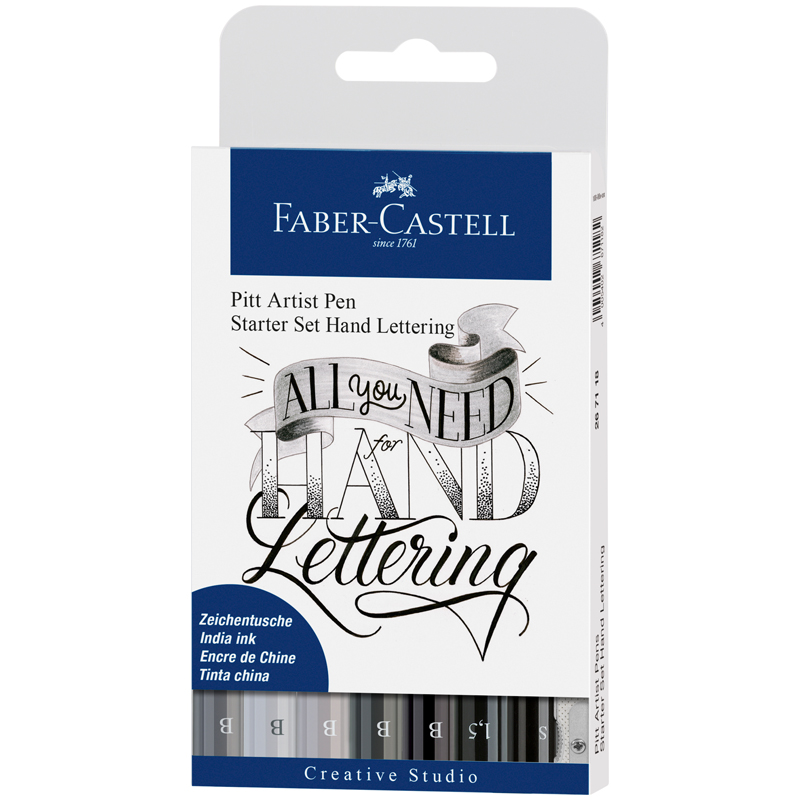 Набор капиллярных ручек Faber-Castell "Pitt Artist Pen Lettering" оттенки серого, 7шт.+карандаш+точ.