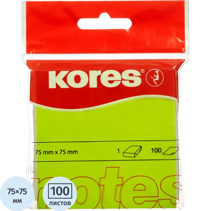 Блок-кубик Kores бум.для зам. 75х75 неоновая зеленая 100л. '47077