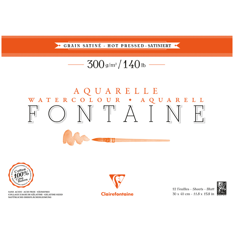 Альбом для акварели 12л., 30*40, на склейке Clairefontaine "Fontaine Grain satiné", 300г/м2, горяч.