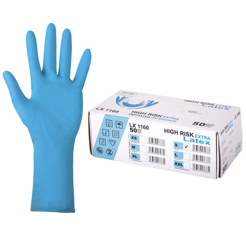 Перчатки латексные смотровые сверхпрочные SFM HIGH RISK LX 1160, Германия, 25 пар (50 шт.), S (малый