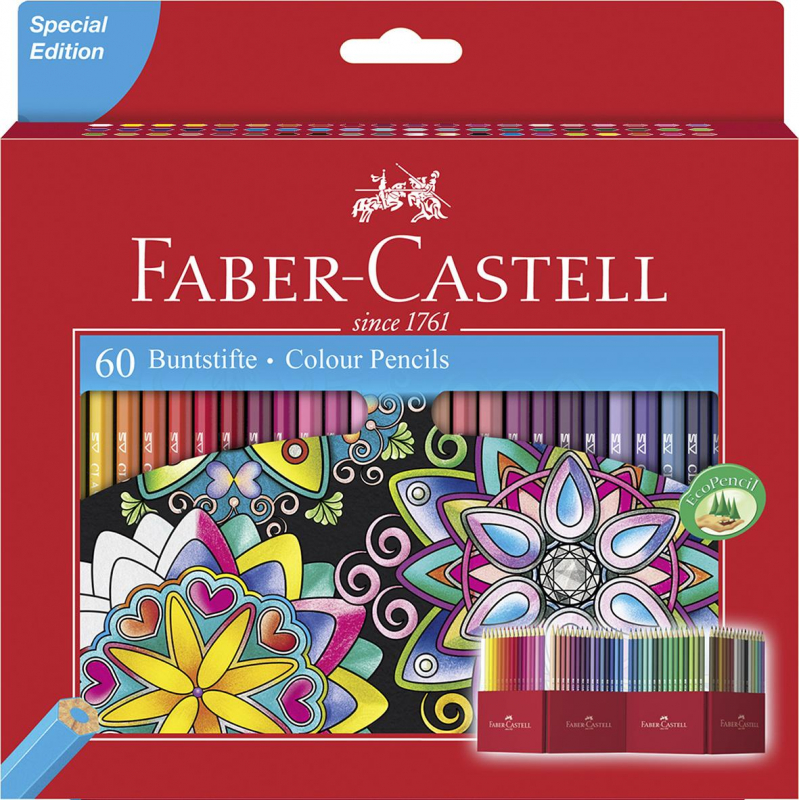 Карандаши цветные Faber-Castell, 60цв., заточен.подставка,европодвес 111260