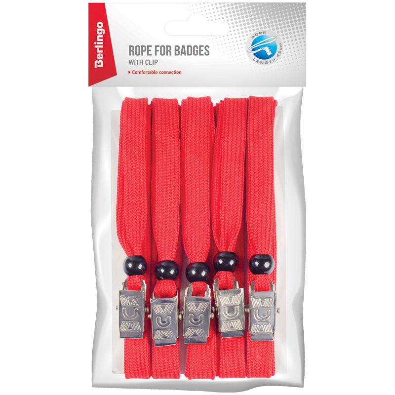 Набор шнурков для бейджей Berlingo, 45см, с клипсой, красные, 5шт.