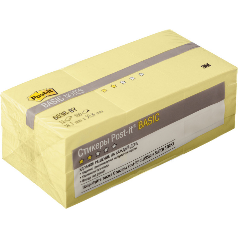 Стикеры Post-it Basic 653R-BY, канареечный желт 38х51мм 12блх100 л