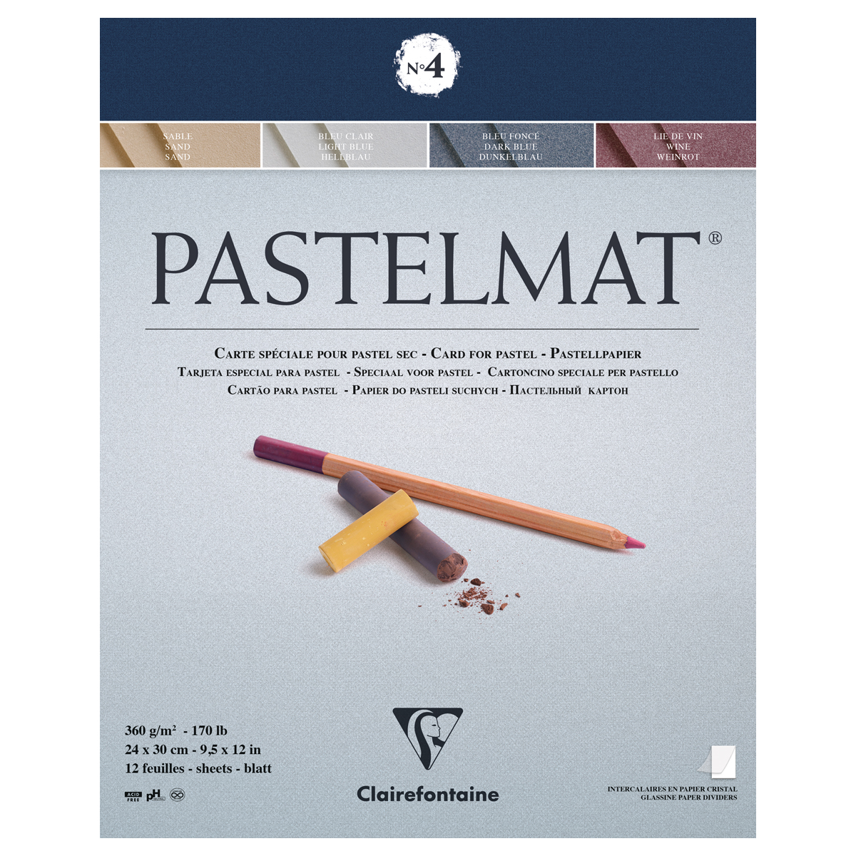 Альбом для пастели, 12л., 240*300мм, на склейке Clairefontaine "Pastelmat", 360г/м2, бархат, цв. бло