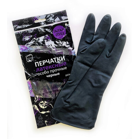 Перчатки МНОГОРАЗОВЫЕ латексные с хлопковым волокном Japan Style ЧЕРНЫЕ, размер M (средний)