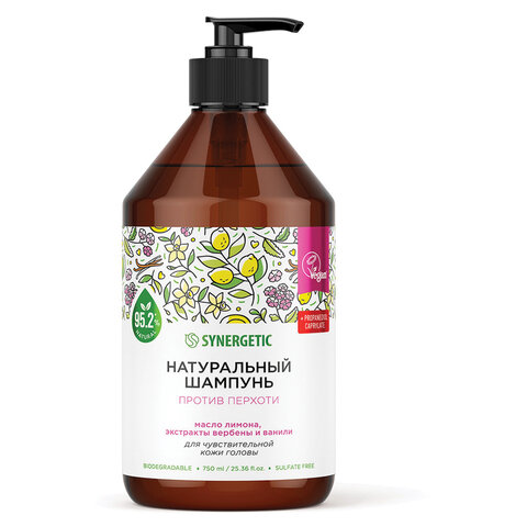 Шампунь 750 мл, SYNERGETIC "Против перхоти", для чувствительной кожи головы, бессульфатный, 701757