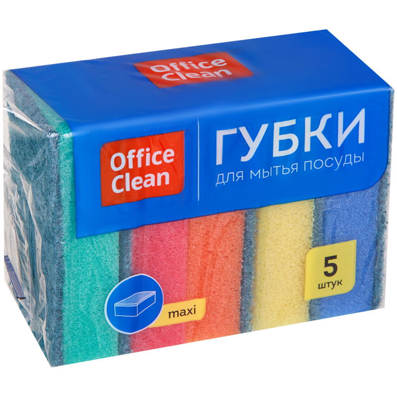 Губки для посуды OfficeClean "Maxi", поролон с абразивным слоем, 9*6,5*2,7см, 5шт.