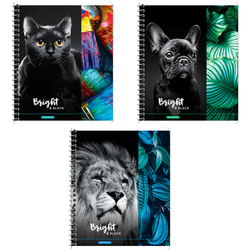 6 шт в уп /Тетрадь 80л., А5, клетка на гребне ArtSpace "Животные. Bright&black", глянцевый УФ-лак