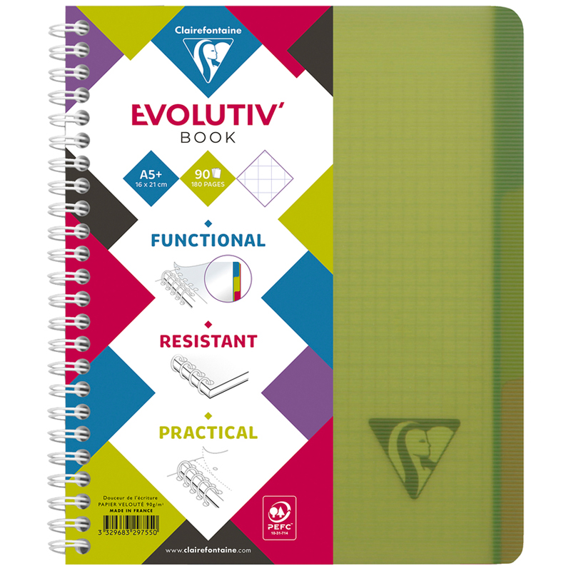 Бизнес-тетрадь 90л., А5+, клетка на гребне Clairefontaine "Evolutiv'Book", пластик. обложка, зеленая, 90г/м2