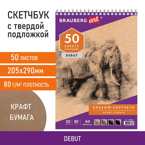 Скетчбук, крафт-бумага 80 г/м2, 205х290 мм, 50 л., гребень, жёсткая подложка, BRAUBERG ART DEBUT, 11