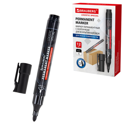 Маркер перманентный с колпачком для вскрытия коробок BRAUBERG LOGISTIC SPECIAL, черный, 1-3 мм