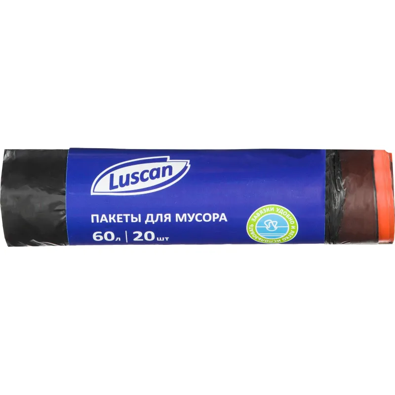 Мешки для мусора на 60 л с завязками Luscan черные (ПНД, 12 мкм, в рулоне 20 штук, 58x68 см) Мешки для мусора на 60 л с завязками Luscan черные (ПНД, 12 мкм, в рулоне 20 штук, 58x68 см)