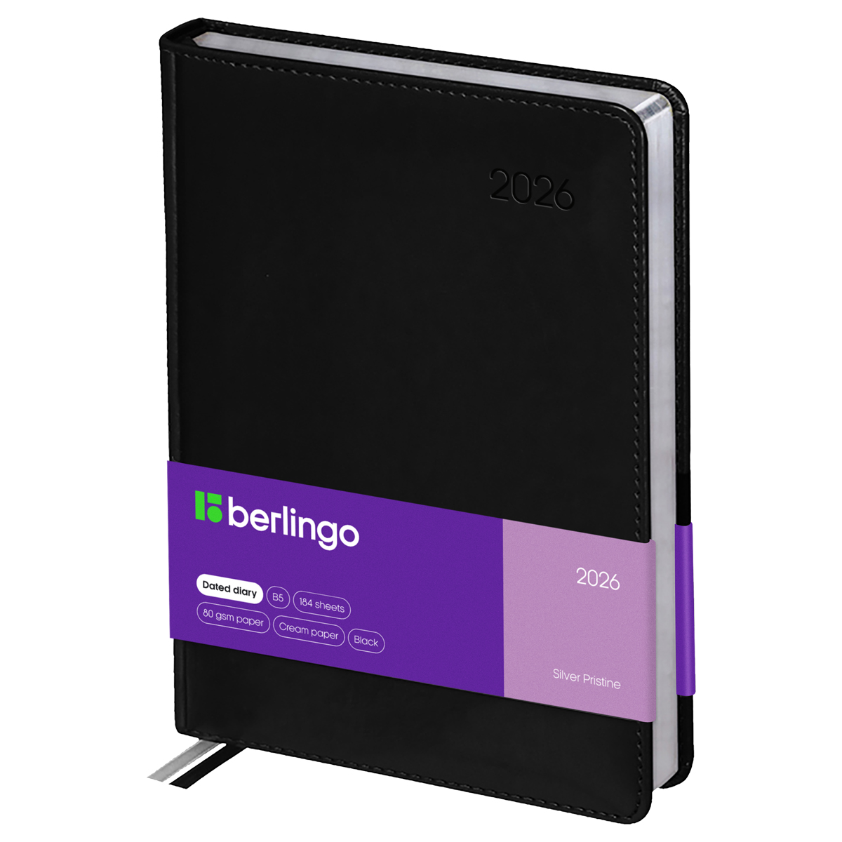 Ежедневник датированный 2026г., А4-(В5), 184л., кожзам, Berlingo "Silver Pristine", сер. срез, черный