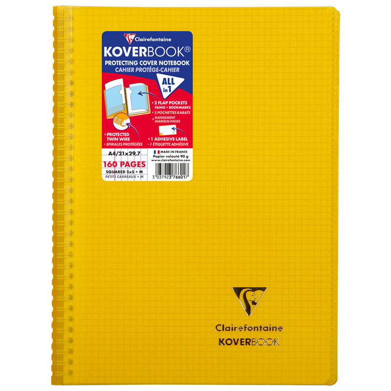 Бизнес-тетрадь 80л., А4, клетка на гребне Clairefontaine "Koverbook", пластик. обложка, желтая, 90г/м2