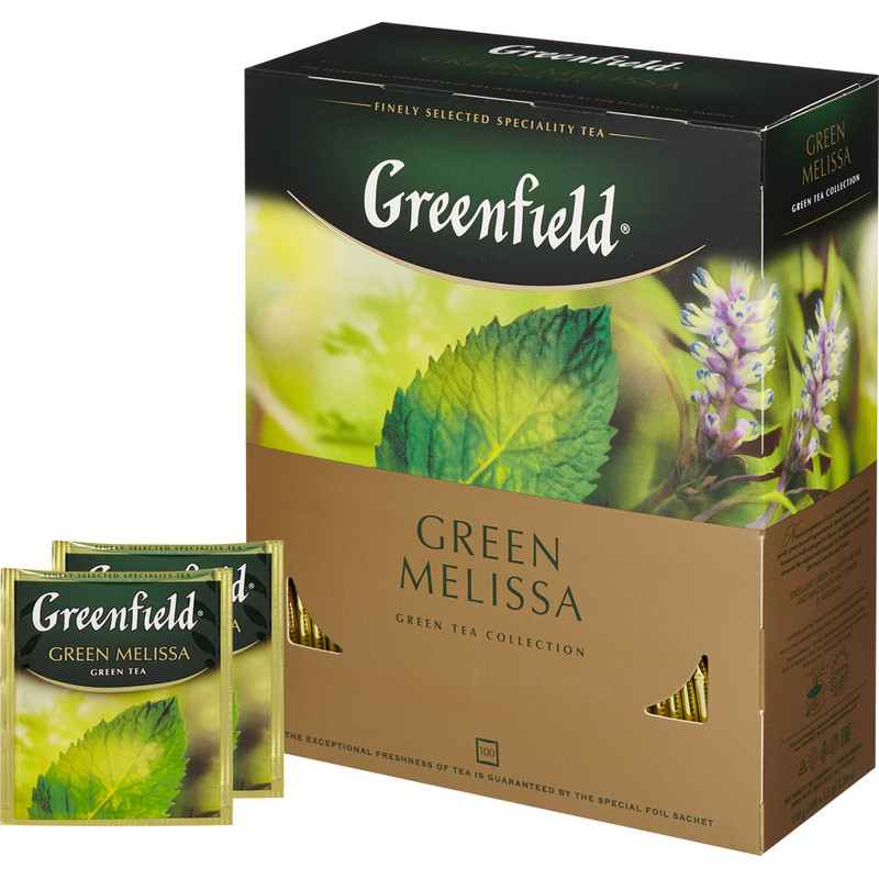 Чай гринфилд ромашка. Чай Greenfield Green Melissa зеленый 100 пакетиков. Чай зеленый Greenfield Green Melissa.
