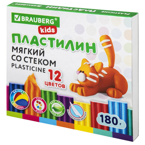 Пластилин мягкий восковой BRAUBERG KIDS, 12 цветов, 180 г, со стеком