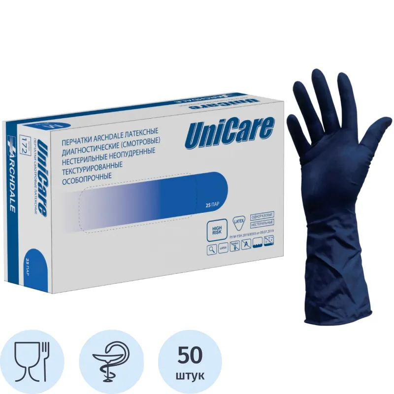 Перчатки медицинские смотровые Unicare High Risk латексные неопудренные синие (размер М, 50 шт/уп)