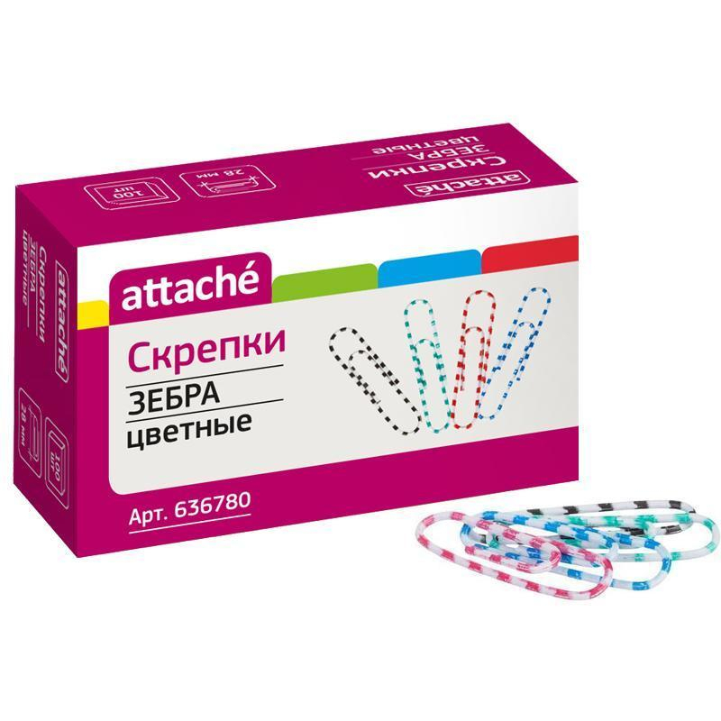 Скрепки Зебра Attache, полимер, 28 мм., 100 шт.в карт/уп.