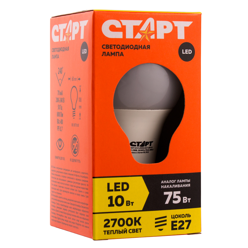 Лампа светодиодная Старт LED, серия "ЭКО" 10W30, тип А "груша", E27,  2700К, теплый свет,15000ч