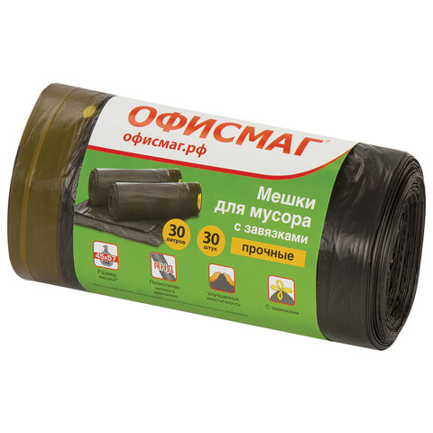 Мешки для мусора 30 л, завязки, черные, в рулоне 30 шт., ПНД, 10 мкм, 45×57 см (±5%), прочные