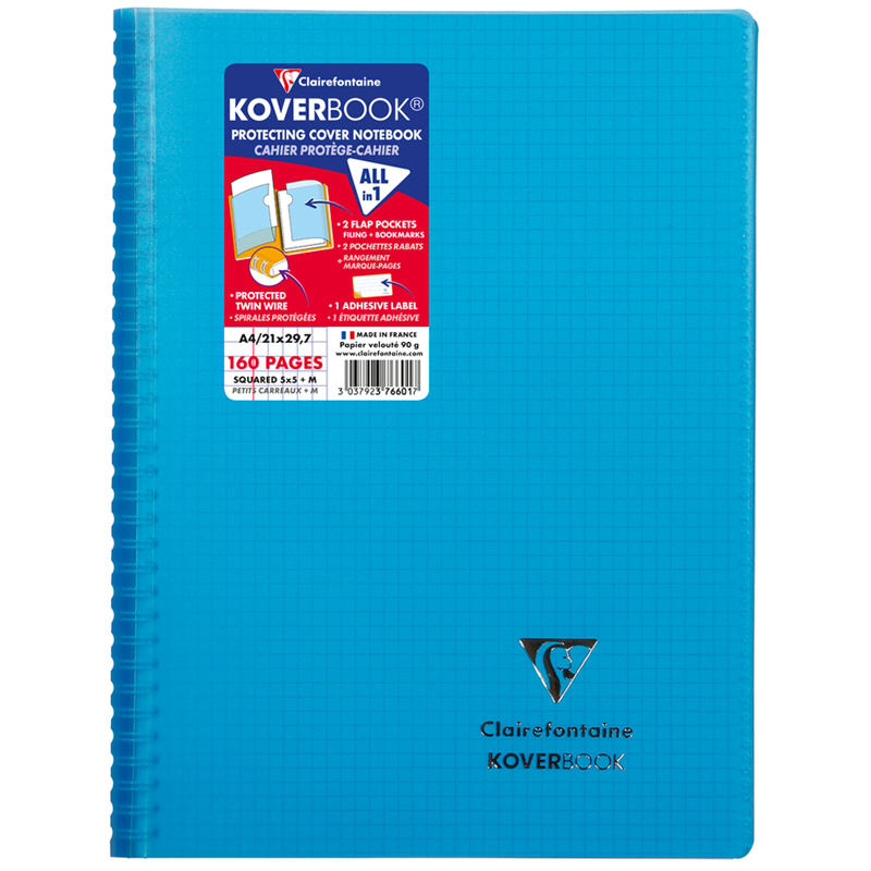 Бизнес-тетрадь 80л., А4, клетка на гребне Clairefontaine "Koverbook", 90г/м2, пластик. обложка, синяя