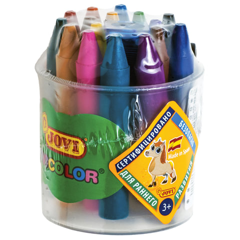 Восковые мелки утолщенные JOVI (Испания), 16 цветов, детские от 3 лет, пластиковый стакан, точилка,