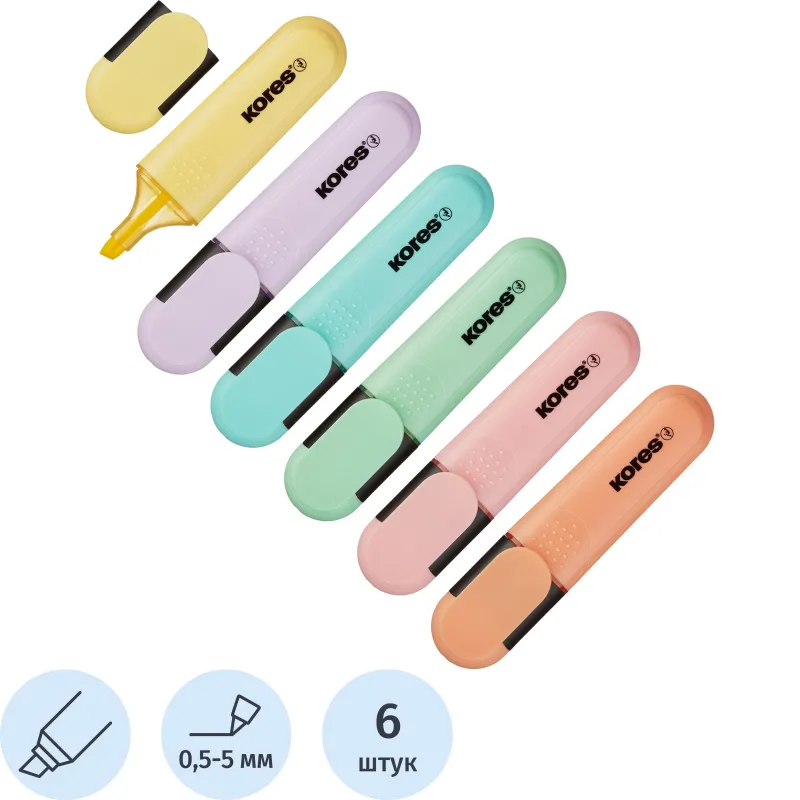 Набор текстовыделителей Kores Bright Liner Plus (толщина линии 0.5-5 мм, 6 цветов)