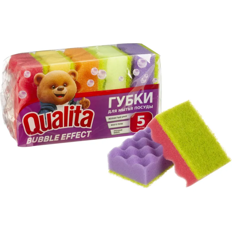 Губки для мытья посуды Qualita Bubble Effect поролоновые 100x66x37 мм 6 штук в упаковке