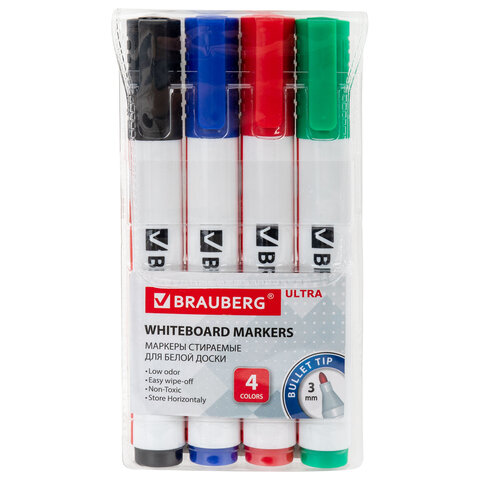 Маркеры стираемые для белой доски, НАБОР 4 ЦВЕТА, BRAUBERG "ULTRA WHITEBOARD MARKER", 3 мм