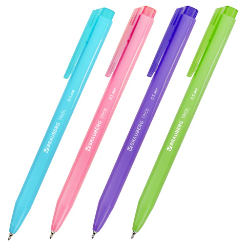 Ручка шариковая автоматическая BRAUBERG "TRIOS BRIGHT COLOR", корпус ассорти, СИНЯЯ, пишущий узел 0,5 мм, линия письма 0,3 мм, 144