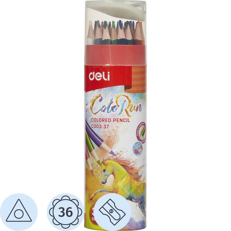 Карандаши цветные Deli EC00337 ColoRun 3-гран. 36цв/наб. точилка карт.тубус