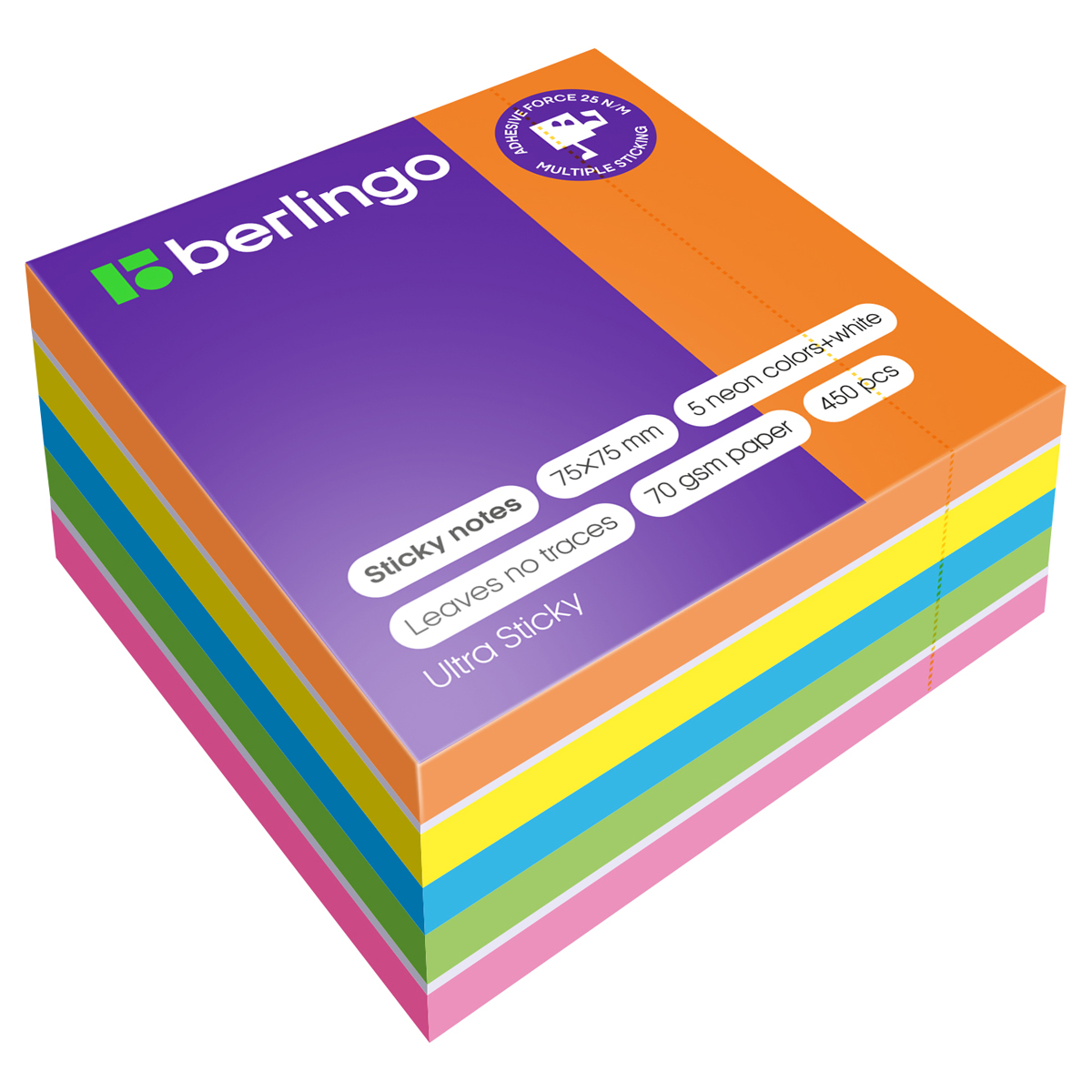 Самоклеящийся блок Berlingo "Ultra Sticky", 75*75мм, 450л, 5 неоновых цветов + 1 белый