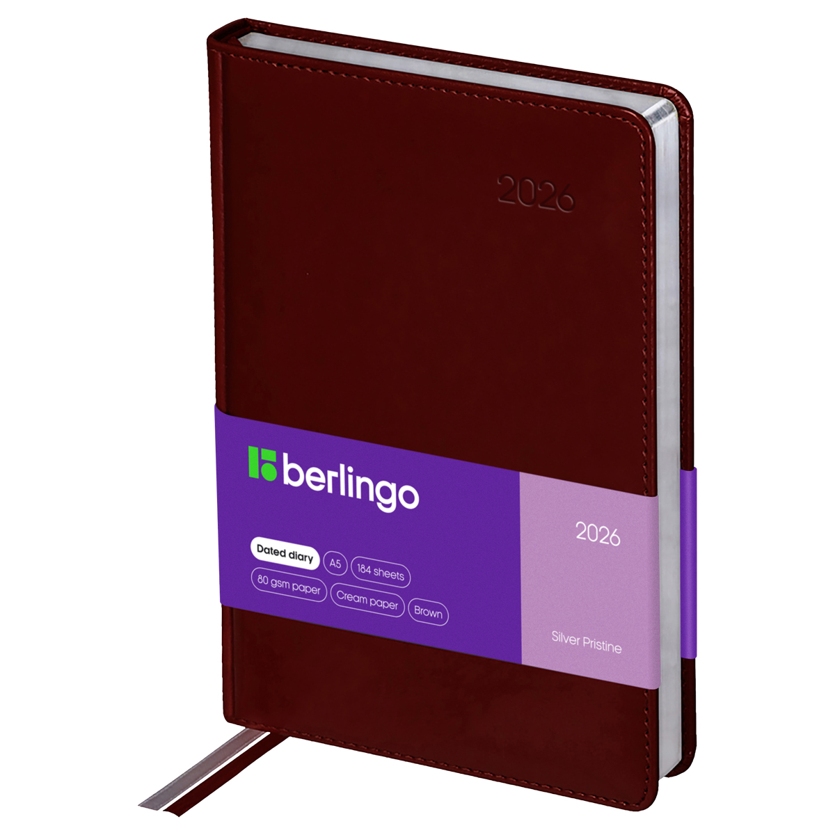 Ежедневник датированный 2026г., А5, 184л., кожзам, Berlingo "Silver Pristine", сер. срез, коричневый